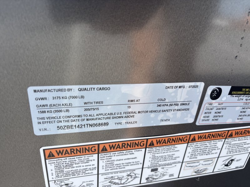 2026 Quality Cargo 7×14 Enclosed Trailer STD Ramp 7K GVWR - Image 8