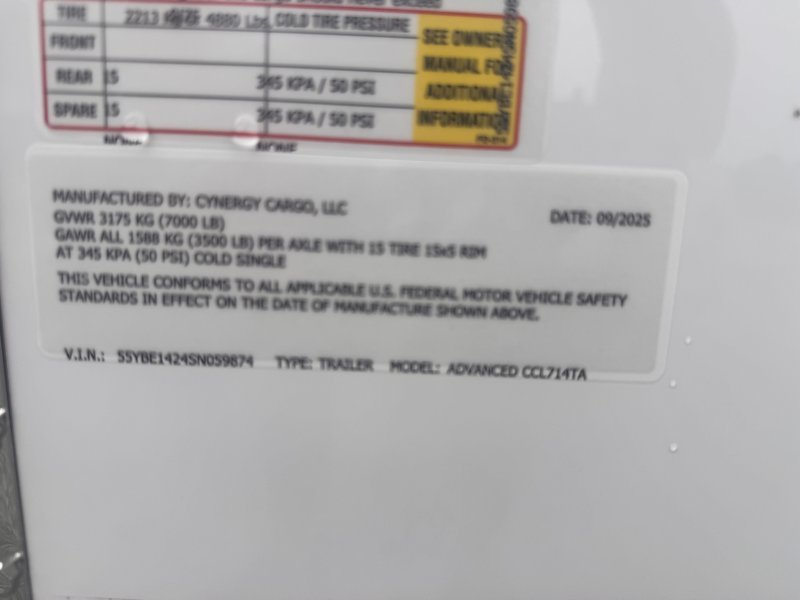 2025 Cynergy 7×14 Enclosed Trailer Pro Series Slant-V Ramp 7K GVWR - Image 2