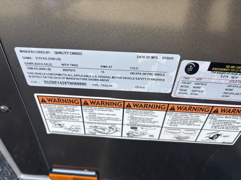2026 Quality Cargo 7×14 Enclosed Trailer STD Ramp 7K GVWR - Image 8