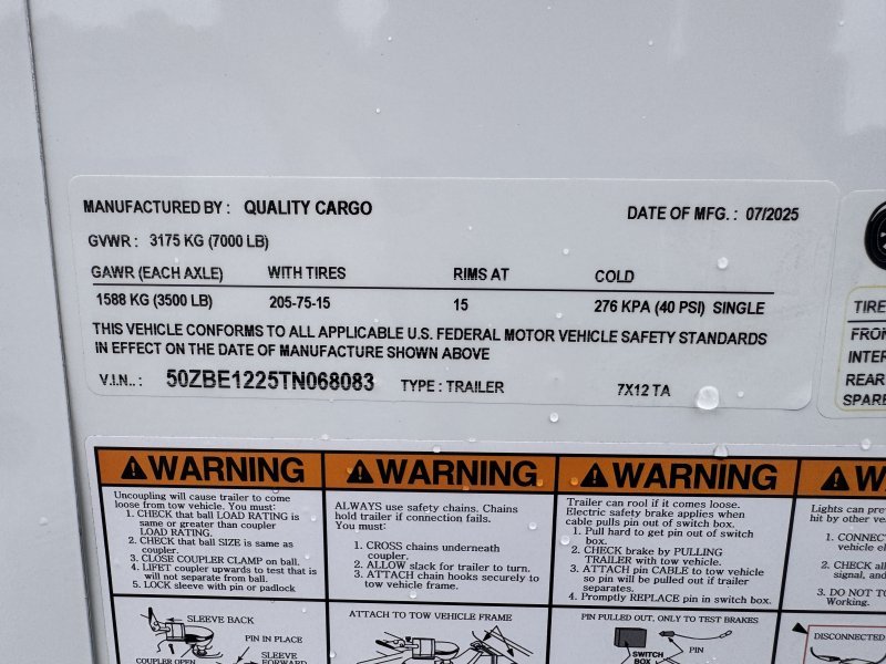 2026 Quality Cargo 7×12 Enclosed Trailer STD Barn Doors 7K GVWR - Image 2