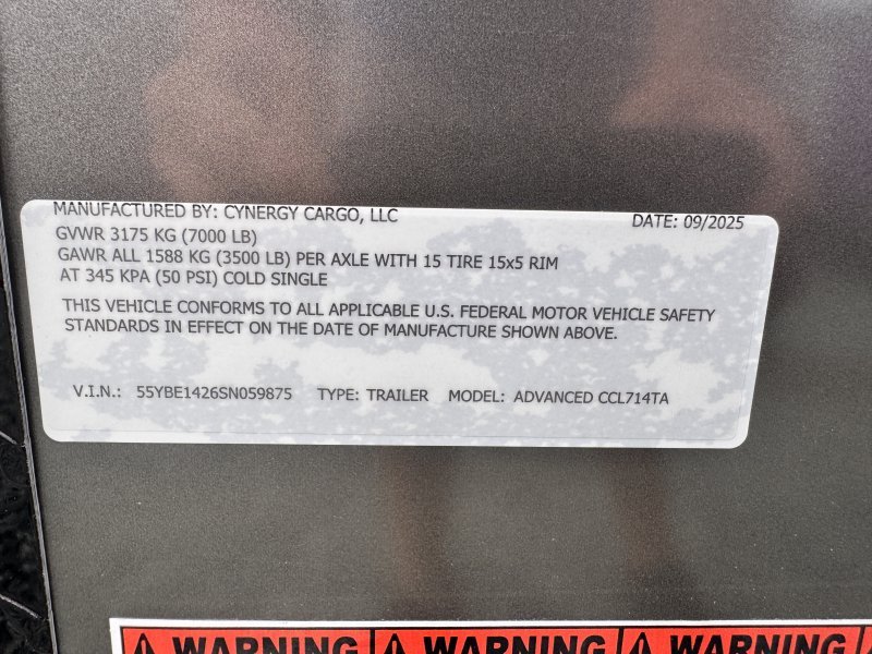 2025 Cynergy 7×14 Enclosed Trailer Pro Series Slant-V Nose 7K GVWR - Image 2