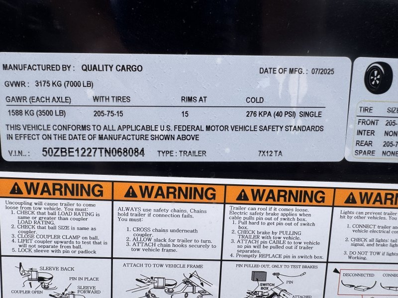 2026 Quality Cargo 7×12 Enclosed Trailer STD Barn Doors 7K GVWR - Image 10