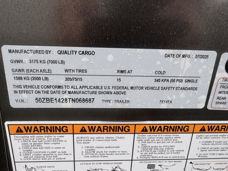 2026 Quality Cargo 7×14 Enclosed Trailer STD Ramp 7K GVWR - Image 2