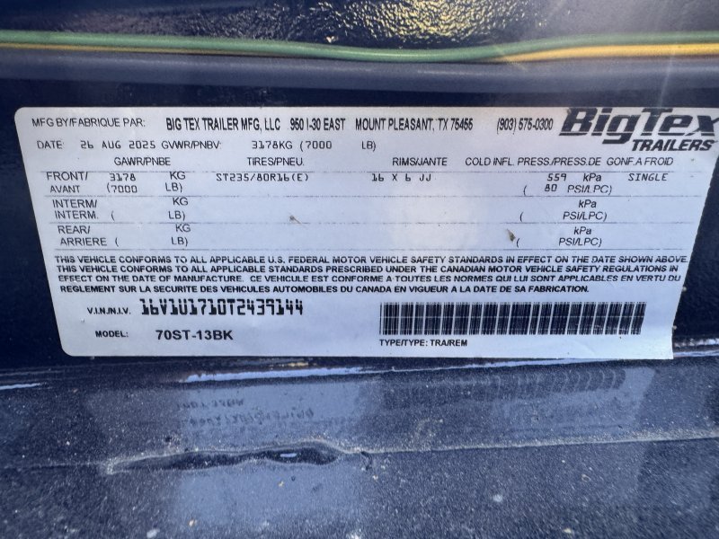2026 Big Tex 70ST 7×13 Equipment Trailer Single-Axle Tilt 7K GVWR - Image 2