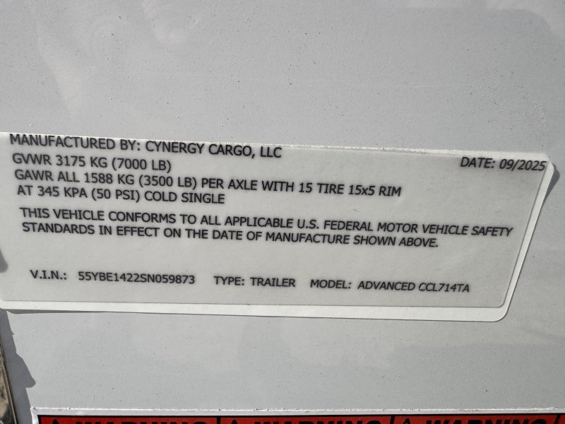 2025 Cynergy 7×14 Enclosed Trailer Pro Series Slant-V .080 Exterior 60″ Extended Tongue Ramp 7K GVWR - Image 12