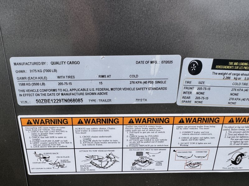 2026 Quality Cargo 7×12 Enclosed Trailer STD Barn Doors 7K GVWR - Image 2